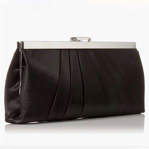 Jessica McClintock Satin Black Frame Clutch with Silver Shoulder Chain